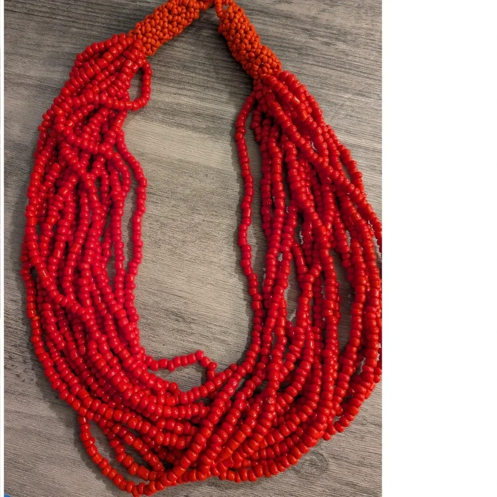 Red Multi Strand Seed Bead Statement Necklace Chunky Bib Boho 18‎ Inch